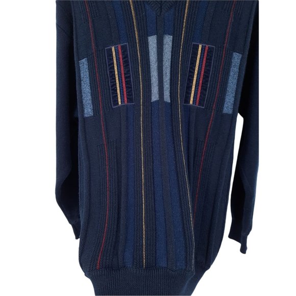 VTG 90s Kingfield Navy Blue Wool V-Neck Geometric Embroidered Velvet Sweater L - Picture 3 of 10